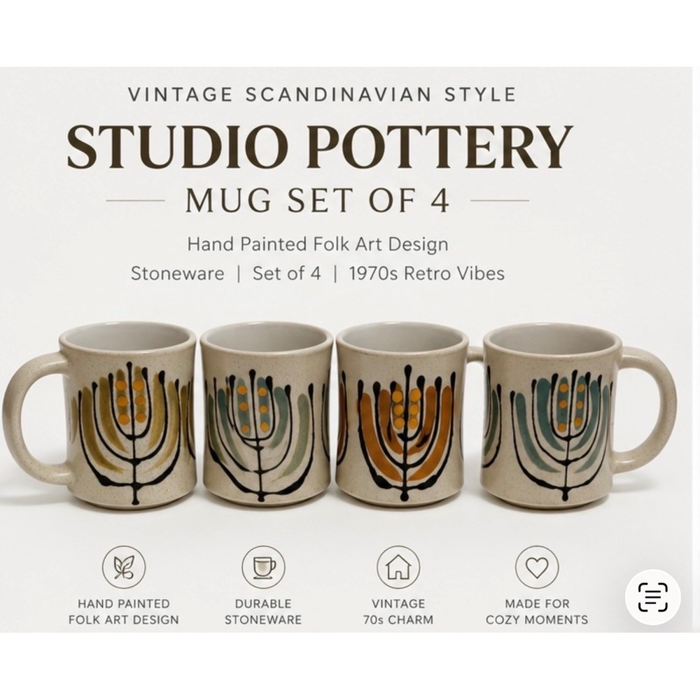 Vintage Scandinavian Style Studio Pottery Mugs Set of 4‎ Speckled Folk Art MCM